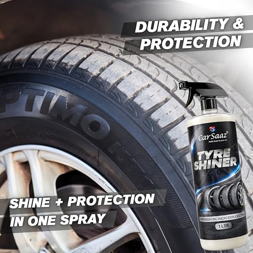 Image of CAR SAAZ Tyre Shiner (1L) with Applicator Pad and Microfiber Cloth | Car & Bike Tyre Polish & Dresser | Gives Instant Shine, Increases Life, Prevents Fading & Cracking | Long-Lasting Protection