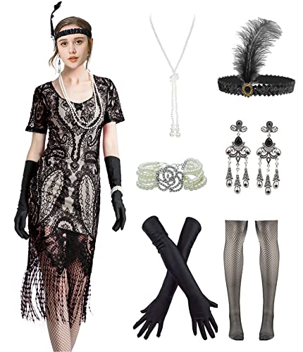 Image of Women 1920s Gatsby Flapper Dress Sexy Open Back Strap Fringed Cocktail Party Dress with 20s Accessories