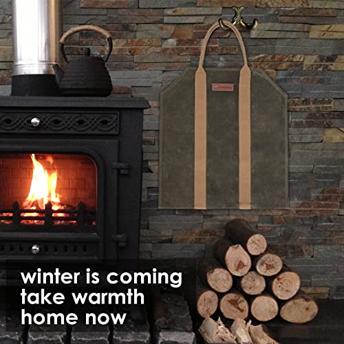 MYFIREPLACEDIRECT Sturdy Waxed Canvas Firewood Log Carrier, Durable Firepalce Wood Bag with Reinforce Duty Straps Green