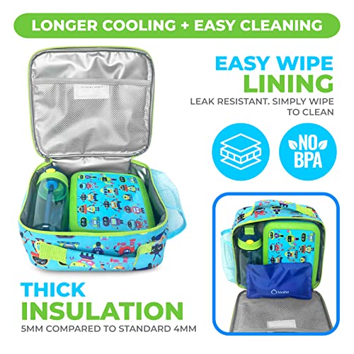 Kinsho Kids Lunch Box With Ice Pack, Boys Lunch-Box Insulated Bag For Toddlers Kids Baby Boy Daycare Pre-School Kindergarten, Large Snack Container Boxes For Kid Lunches, Bento Bag, Green Robots #TOP4