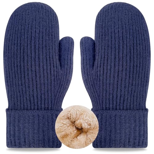 woogwin Winter Mittens for Women Men Warm Thick Thermal Fleece Stretchy Knit Wool Snow Gloves for Cold Weather Folding Cuffs(NavyXL)