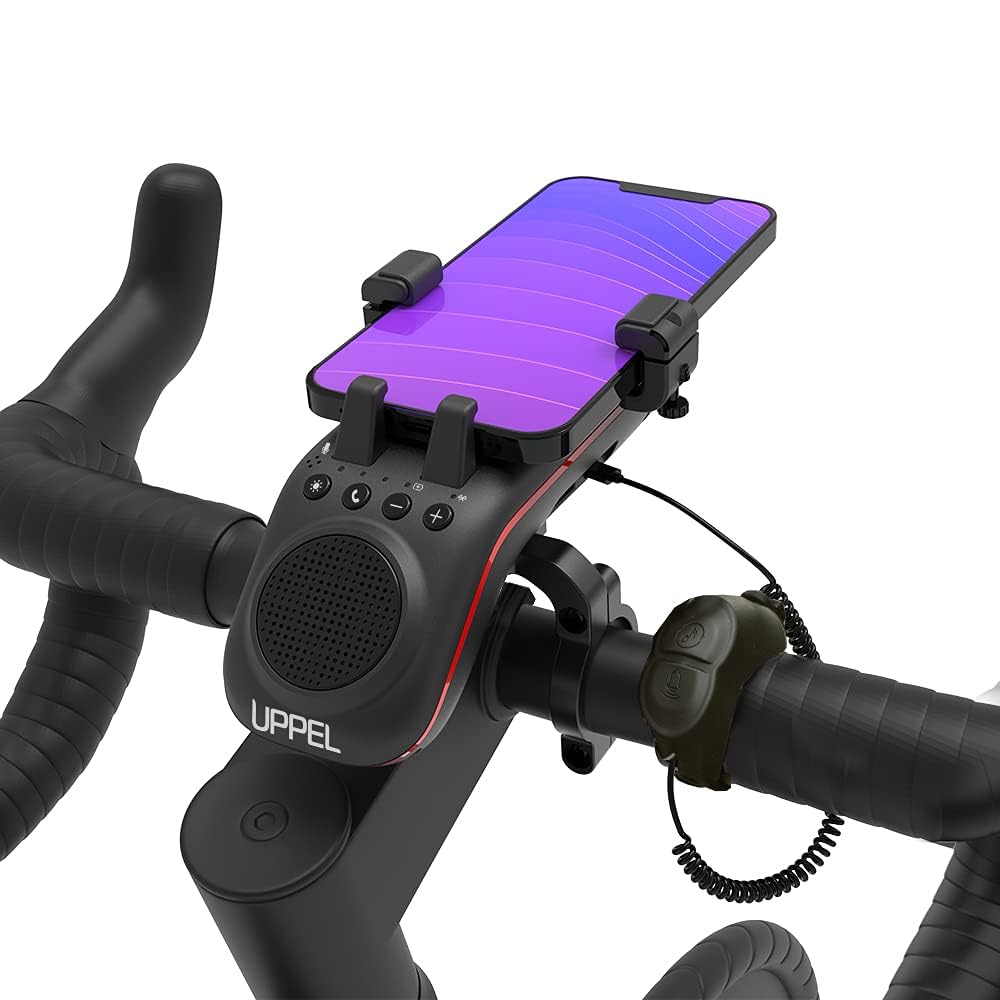 UPPEL Multifunctional Bike Speaker & Phone Holder - Bicycle Headlight, Horn, Microphone & Power Bank (5000mAh), Ideal for Mountain & Road Cycling