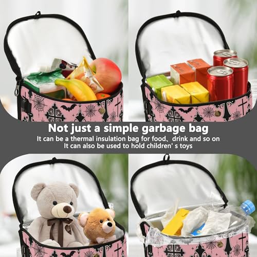 Image of MNSRUU Car Trash Can with Lid, Black Gothic Moon Spider Webs and Bats Car Trash Bag Hanging Organizers and Storage for Front Back Seat, Leak-Proof Trash Bin