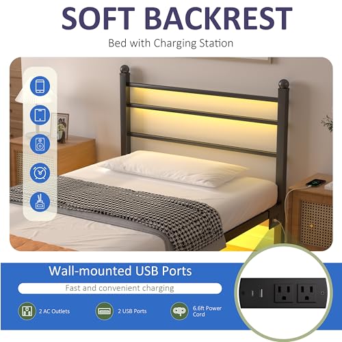 Image of J.Fkne Twin Bed Frame with LED Lights & Charging Station, Metal Platform Bed with Headboard, Heavy Duty Metal Slats, No Box Spring Needed, Noise Free, Easy Assembly, Black