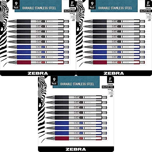 Zebra F-301 Ballpoint Stainless Steel Retractable Pen, Fine Point, 0.7mm, Assorted Ink, 9-Count: Black, Blue, Red Pack of 3