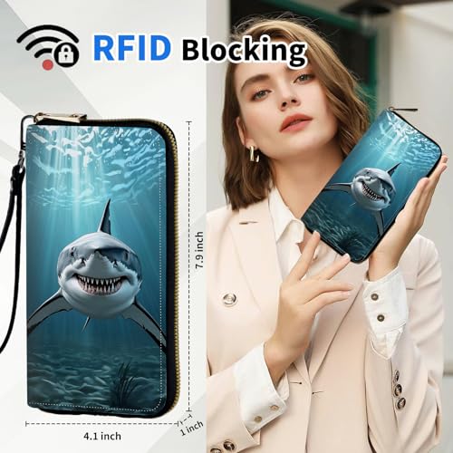 Women's Wallets,PU Leather Wristlet Wallet for Women,Card Holder Organizer Ladies Clutch with Zipper & Phone Holder-Shark2