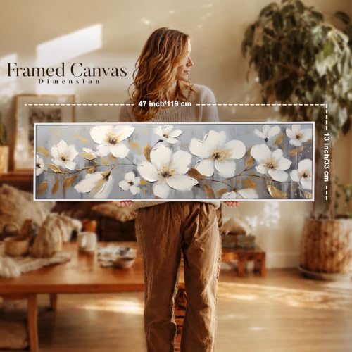 Image of PAINTINGMANTRA White Flowers Wall Art Painting, White Cherry Blossom Flowers for Living Room, Home and Office Wall Decoration (13x47 Inch)