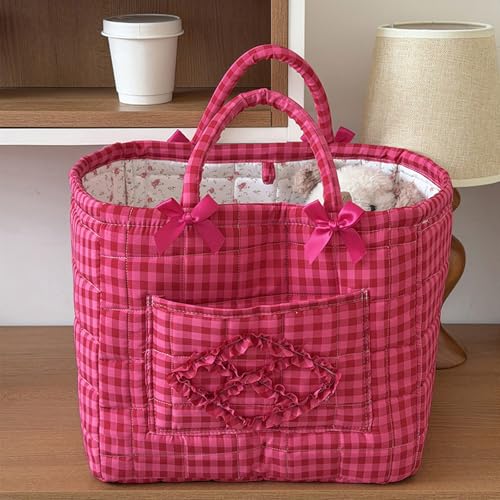 Image of Quilted Fabric Basket Car Storage Basket Boho Floral Laundry Hamper for Nursery Bedroom & Living Room | Organize Clothes Toys (Hot Pink Gingham Check)