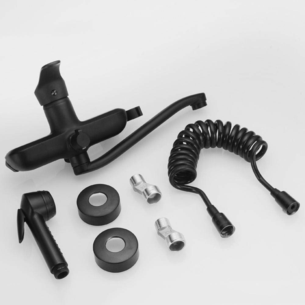XANAYXWJ Grifos de Cocina montados en la Pared Grifo Mezclador para Fregadero de Cocina Giratorio de latón con Doble Orificio, frío y Caliente, Negro, con Pistola rociadora, Grifo de baño-25 cm (20
