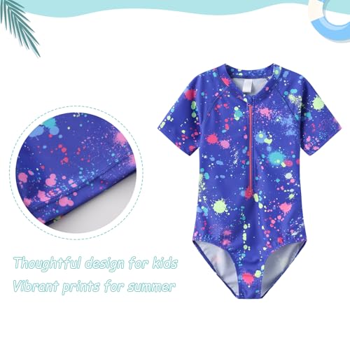 Image of Girls One Piece Rash Guard Swimsuits for Girl Short Sleeve Bathing Suits with Front Zipper Sun Protection Swimwear 3-16 Years