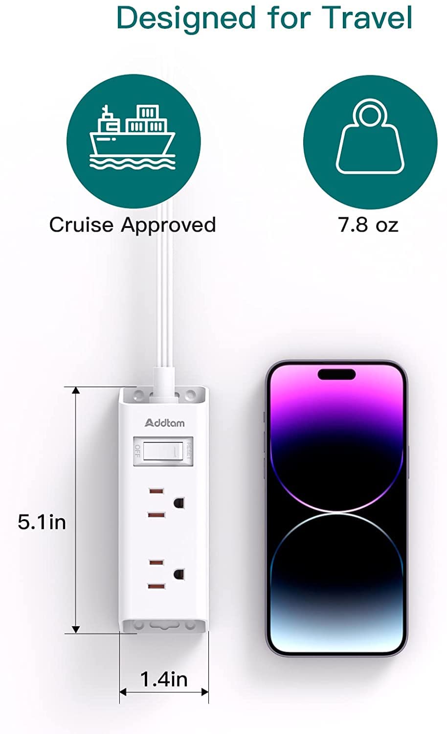 Addtam Travel Essentials - Flat Plug Power Bar, Addtam 5 ft Ultra Flat Extension Cord with 6 Outlets Extender, Multi Plug Outlet with No Surge Protector for Cruise Ship, Dorm Room, Home and Office Essentials in use