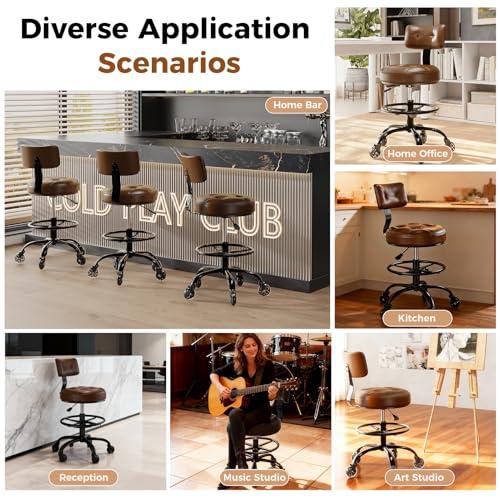 Image of Office Drafting Chair with Footrest, Tall Height Adjustable Stool with Back Support, Heavy Duty Rolling Stool Chair with Wheels for Office Home Kitchen Bar Shop Guitar Studio Vanity, Brown