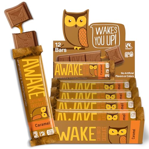 AWAKE - Caffeinated Chocolate Bars - Caramel Milk Chocolate, 12 Bars - 100mg Caffeine - 1 Bar Equals 1 Cup of Coffee - Individually Wrapped Energy - Fairtrade, Gluten Free, Non GMO - 1.34oz