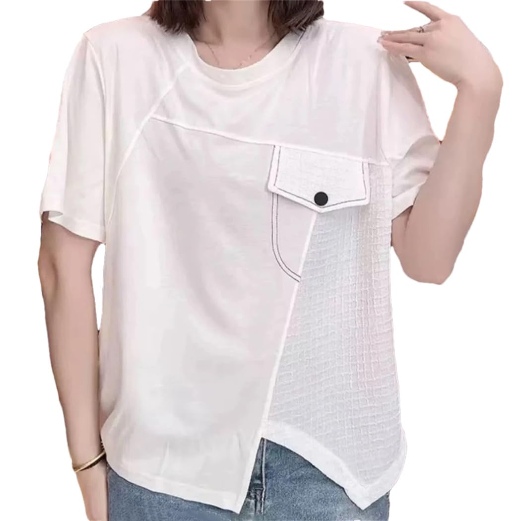 Camicetta da donna con tasche irregolari patchwork vintage estiva a maniche corte tinta unita allentata Harajuku camicia top