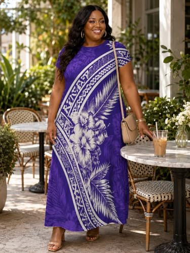 Image of Plus Size Maxi Dress for Women Short Sleeve V Neck Casual Loose Sundress with Pockets