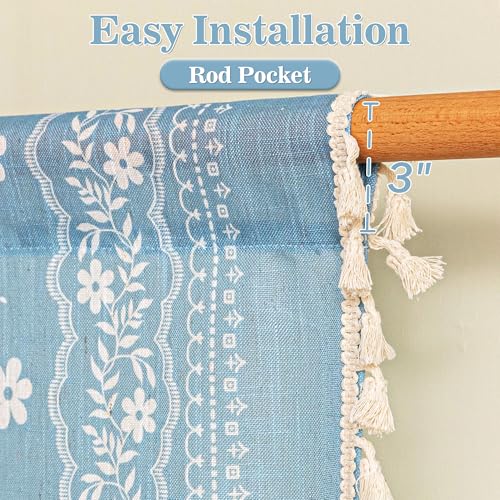 Image of MYSKY HOME Short Boho Floral Tier Curtains 30 Inch Length for Cafe 2 Pcs | Linen Blend Semi Sheer Drapes Rod Pocket Light Filtering with Tassels for Cafe Bathroom over Sink, Dusty Blue, 26 inch Wide