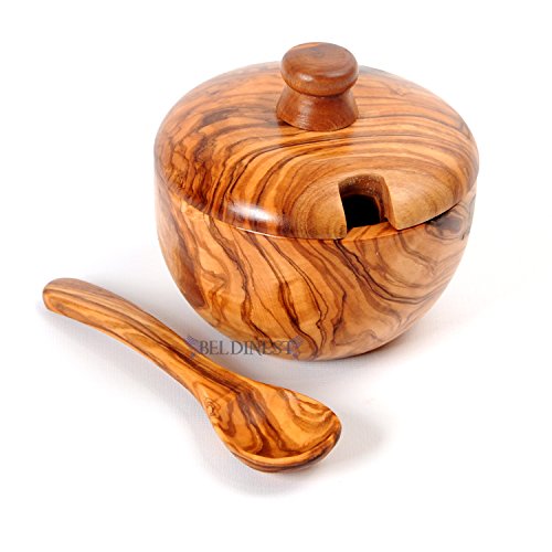 Madera de olivo tallada a mano azucarero y cuchara de café, exclusivo de madera juego de cuenco  cuenco redondo, azucarero Set