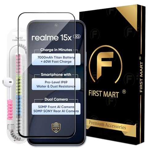 Image of FIRST MART Military Grade Gorilla Tempered Glass for Realme 15x with Edge to Edge Coverage, Cable Protector and Easy Installation kit