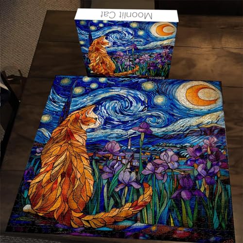 Image of iDream 1000 Pieces Jigsaw Puzzle - Artistic 3D Design, Colorful Wall Decor, Challenging Puzzle Gift for Friends & Family (Moonlit Cat)
