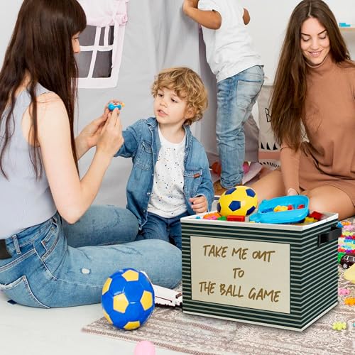 Image of Vintage Baseball Nursery Storage Bins Box with Handles, Take Me Out to the Ball Game Sports Green Striped Collapsible Basket Organizer for Boys Bedroom Playroom Bathroom Books Clothes