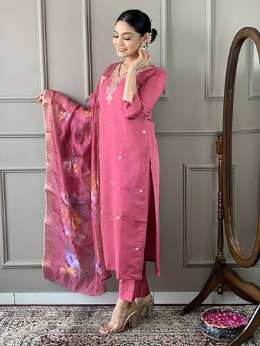 Image of Naixa Women's Viscose Silk Embroidered Straight Kurta with Pant and Dupatta Sets (S-Payal)