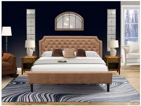 HomeStock Eclectic Escape 3 Piece Wooden Set for Bedroom with Button Tufted Bed Frame and 2 Antique Walnut Bedroom Nightstands Brown Faux Leather with Brown Texture and Black Legs