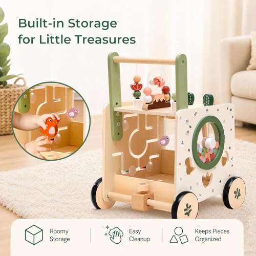 Image of Wooden Baby Push Walker with Activity Center Montessori Toy 12M+ | 6 in 1 bead maze shape sorter Toddler Learning Toy, Adjustable Height & Speed, Sensory hand-on games, Gift for boys & girls