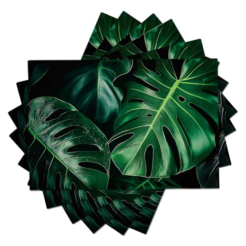 Juego de 8 Manteles Individuales Planta Lavables Mantel Individual de Algodón Lino Hojas Verdes de Monstera,Resistentes al Calor Salvamanteles Individuales para Cocina 30×45 cm