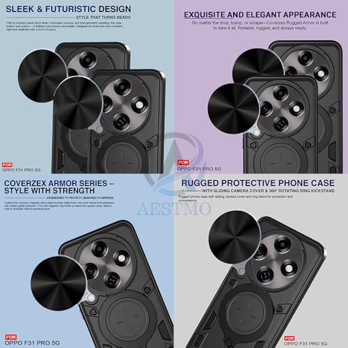 Image of AESTMO Armor Oppo F31 Pro 5G Bumper Back Case Cover | Ring Holder & CD Pattern Sliding Camera Shutter Cover | Back Case Cover for Oppo F31 Pro 5G (Black)