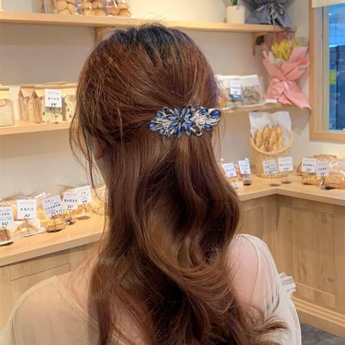 Image of MAYCREATE Floral Rhinestone Center Back Clip, Stylish Hair Barrette, Blue
