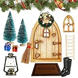 Wichteltür Weihnachten Set, Weihnachtswichtel Tür Set Wichteltür Nissedor mit Zubehör, Stiefel, Teppich, Laterne, Besen, Holzleiter Deko Miniatur Wichteltür Zubehör Weihnachten Set Deko Gartenmöbel