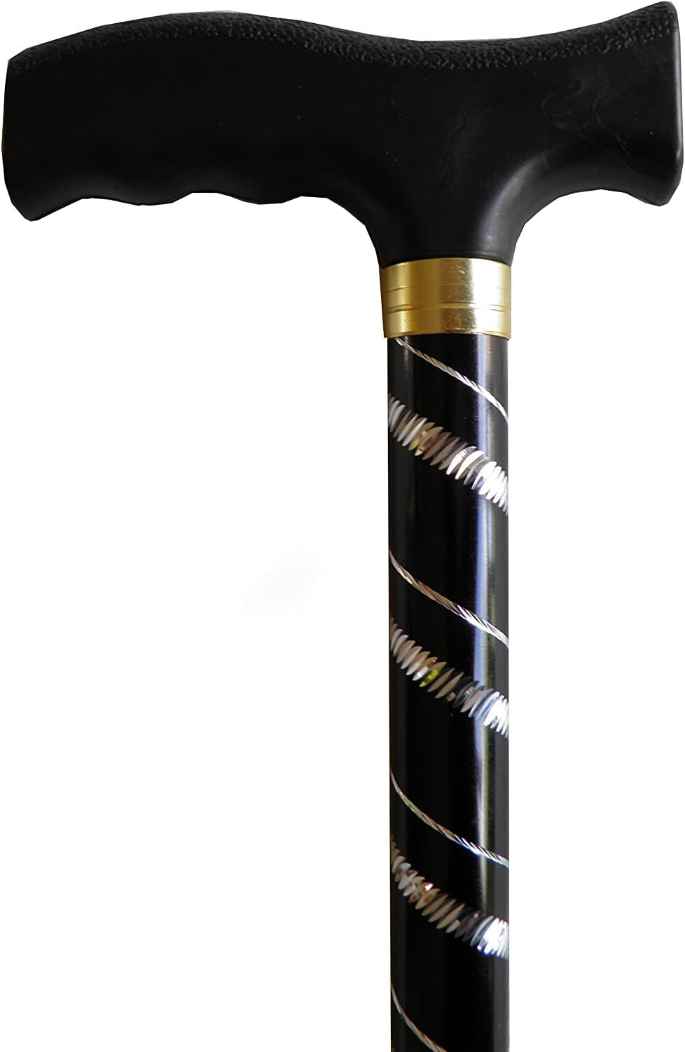 Black with Silver Etched Engraved Flecked Stripes Pattern Ladies Adjustable Walking Stick Cane - 23" - 38.5"