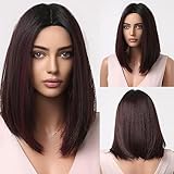 Esmee Short Straight Black Ombre Burgundy Bob Wig for Women Natural Synthetic Hair Ombre Wigs with Black Roots Cosplay Daily Party Use -14 Inches