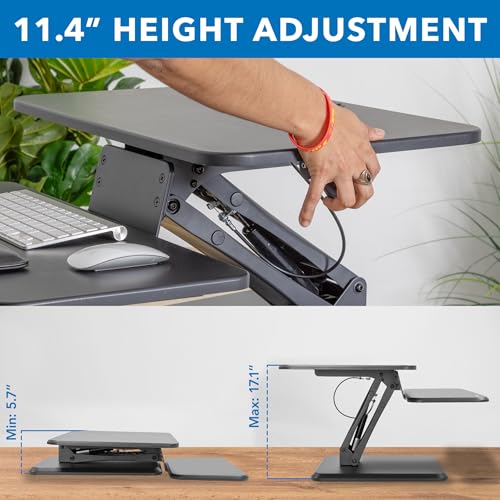 Image of Mount-It! Compact Standing Desk Riser, Height Adjustable Desktop Sit Stand Workstation with Gas Spring, Tabletop Stand Up Desk with Keyboard Tray, Black