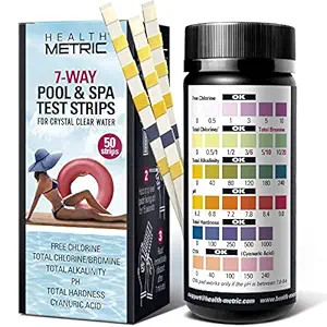 Pool and Spa Test Strips - 7 Way Swimming Pool Testing Strip Kit for Chlorine Bromine Alkalinity pH Hardness & Cyanuric Acid | Chemical Tester Strips for Fast And Accurate Water Maintenance | 50 Count