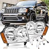 SAFAUTOPARTS Headlights Assembly for 2005 2006 2007 Jeep Grand Cherokee Headlamps Headlight Replacement 05 06 07 Jeep Grand Cherokee Head Lights,Include Wiring Harness,Chrome Housing Amber Reflector