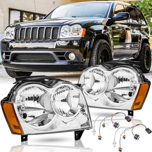 SAFAUTOPARTS Headlights Assembly for 2005 2006 2007 Jeep Grand Cherokee Headlamps Headlight Replacement 05 06 07 Jeep Grand Cherokee Head Lights,Include Wiring Harness,Chrome Housing Amber Reflector