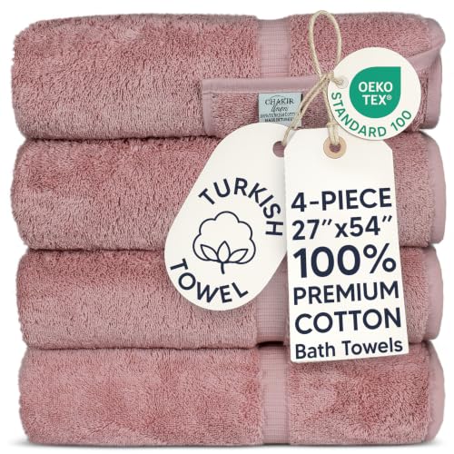 Chakir Turkish Linens 4 Piece Large Bath Towels, 100% Cotton Turkish Towels for Bathroom, Luxury Soft Absorbent Bath Towel Set, 27 x 54 Inches, Pink-2
