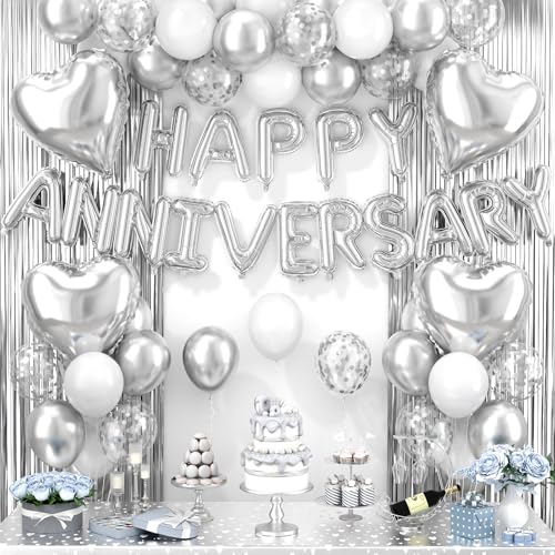 Anniversary Decorations Silver,Happy Anniversary Balloon Banner with Heart Foil Balloons