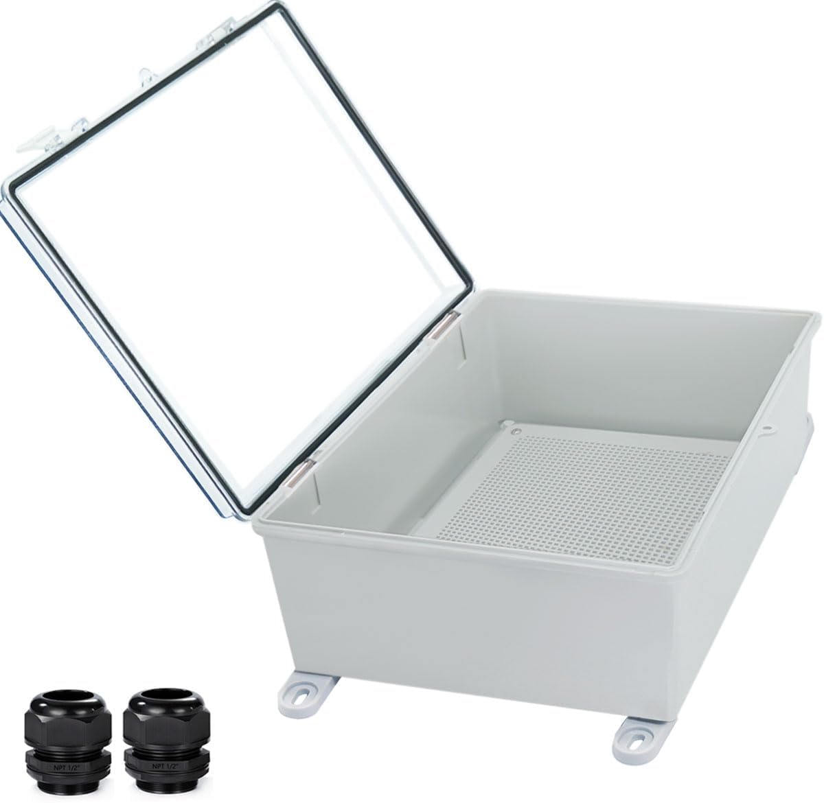 Waterproof Outdoor Electrical Box Junction Box Weatherproof IP67 ABS Plastic Enclosure Switch Router Project Box with Mounting Plate with Wall Bracket 2 Cable Glands Clear 15.4"x11.4"x6.3"
