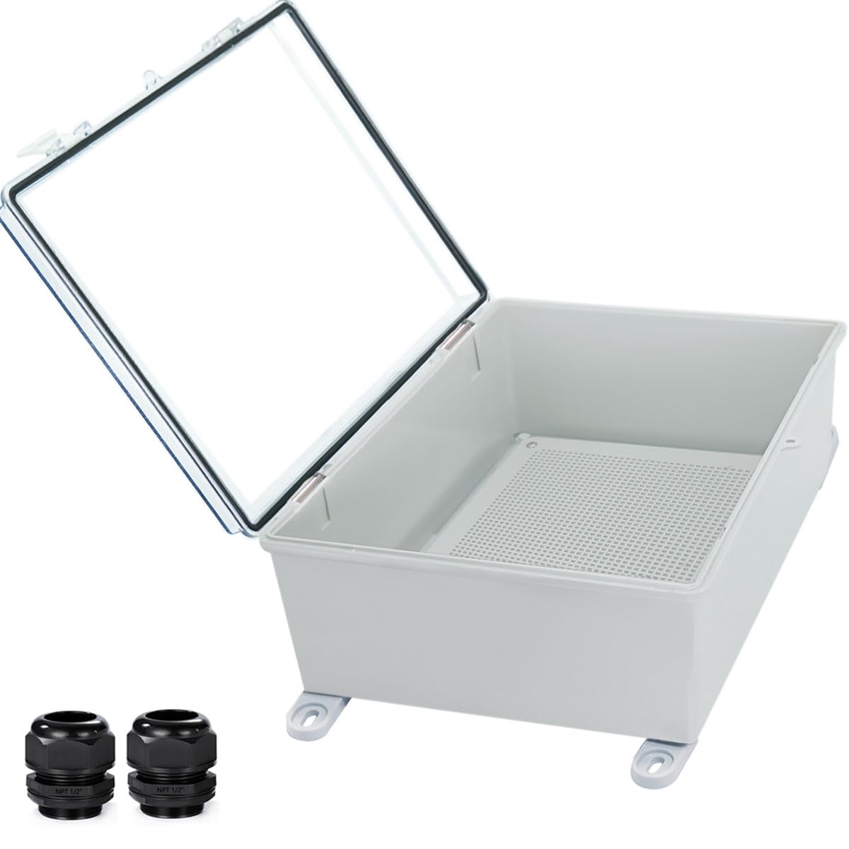 Waterproof Outdoor Electrical Box Junction Box Weatherproof IP67 ABS Plastic Enclosure Switch Router Project Box with Mounting Plate with Wall Bracket 2 Cable Glands Clear 15.4"x11.4"x6.3"