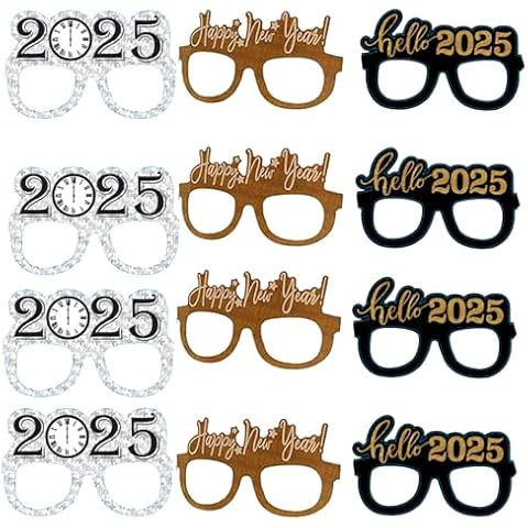 12 Pcs Happy New Year Eyeglasses,Hello 2025 Party Paper Glasses, Black and Gold Glitter New Years Eve Party Supplies 2025,Clock Countdown New Years Party Favors for Costume Party,NYE Decorations 2025 Cover