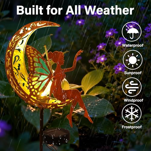 Solar Garden Statues Outdoor Decor with Butterfly Fairy & Moon, Cracked Glass Solar Light Stake, Gradient Wings, Gift for Mother's Day, Housewarming, Pathway & Patio Decor for Yard, Lawn & Garden by Tremdwoto - Image 5