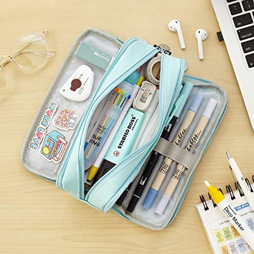 Cicimelon Pencil Case Large Capacity Pencil Pouch 3 Compartments Pencil Bag Gift For Students Girls Adults Women (Light Blue) #TOP5