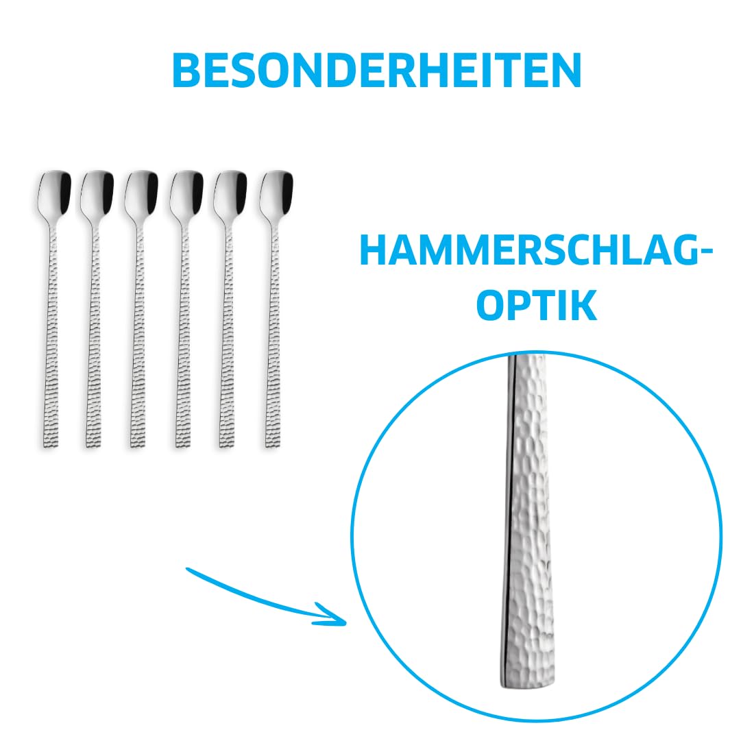 Amefa FELICITY Latte Macchiato Löffel/Longdrinklöffel Set 6-teilig, Hochwertige Löffel lang, Gehämmert, Löffel Longdrink im Hammerschlag-Design, 18/0 Edelstahlbesteck, Spülmaschinenfest