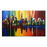 Wieco Art - Summer in The City Large 5 Piece Modern Abstract Colorful Landscape Artwork 100% Hand Painted Stretched and Framed Oil Paintings on Canvas Wall Art for Living Room Home Decorations