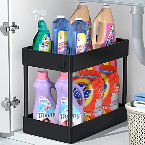 BASSTOP Under Sink Organizer, 2 Tier Under Sink Shelf Organizer Rack, Under Cabinet Organizer, Bath Collection Baskets with Hooks, Multi-purpose Under Sink Storage for Bathroom and Kitchen, Black