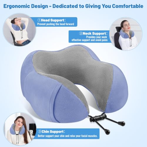 Image of CloudBliss Travel Pillows for Airplane, 2 Pack Memory Foam Neck Pillow for Travel, Airplane Pillow for Long Flight, Car & Office Use, Plane Accessories with Eye Mask, Earplugs, Carry Bag, Black & Blue