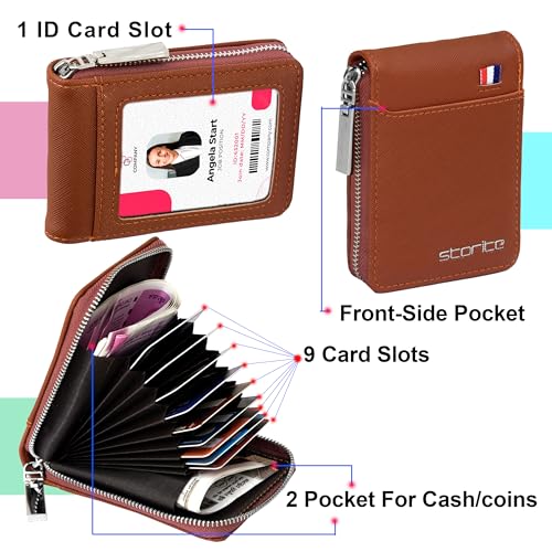 Storite PU Leather 9 Slot Vertical Credit Debit Card Holder Money Wallet Zipper Coin Purse for Men Women - Lightbrown (11.5 x 1.75 x 8 cm) (Image - 5)