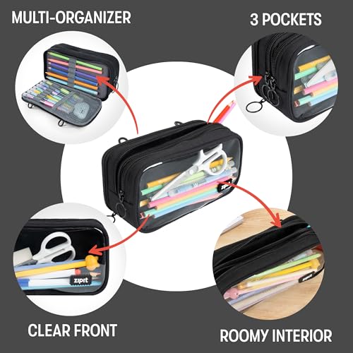 Image of ZIPIT Half & Half Pencil Case, 3 Compartment Zipper Pouch for School, Stationery Bag for Teen Girls Boys and Adults, Black